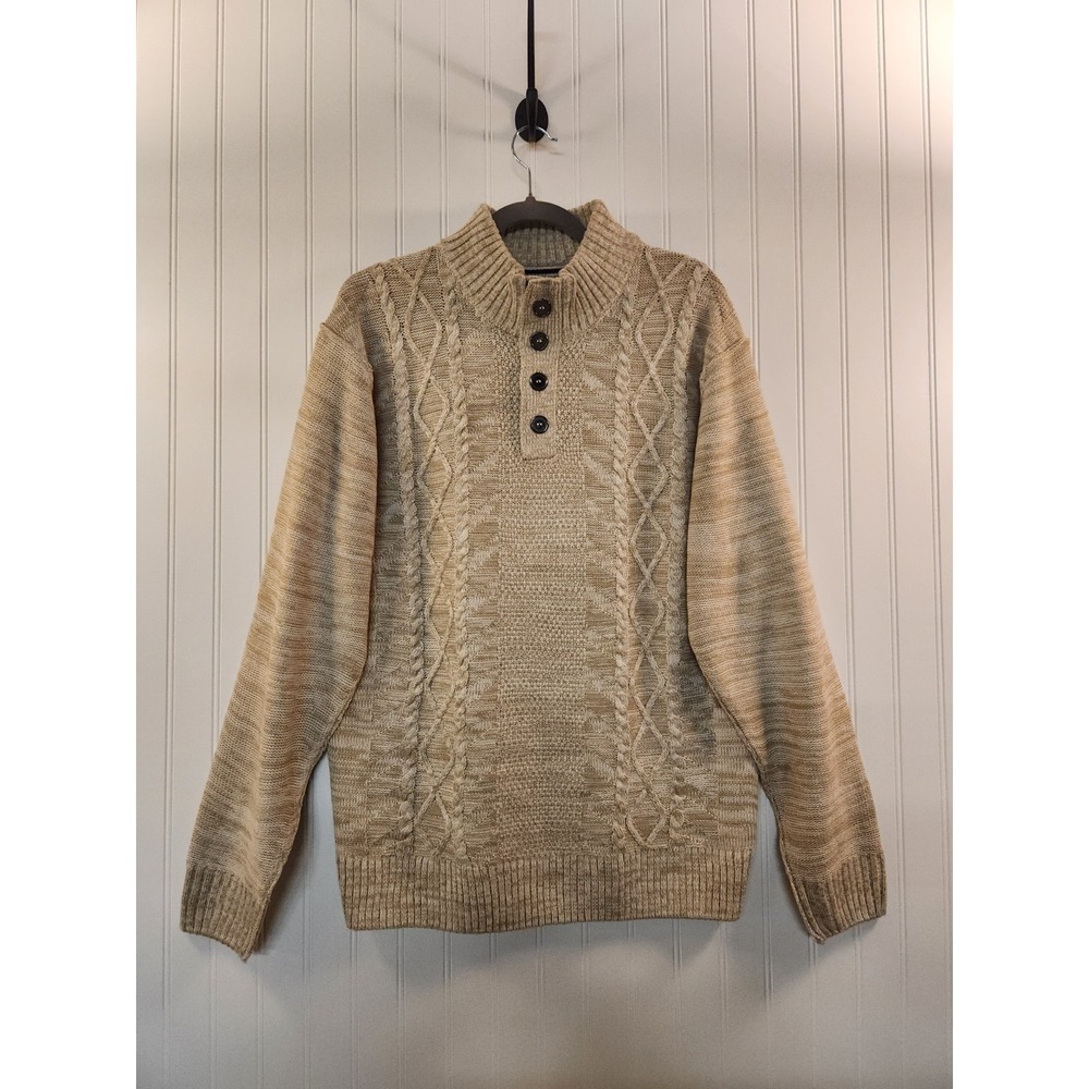 NEW Park Slope Men Tan 1/4 Button-Up Collar Cable Knit Pullover Sweater Size‎ L